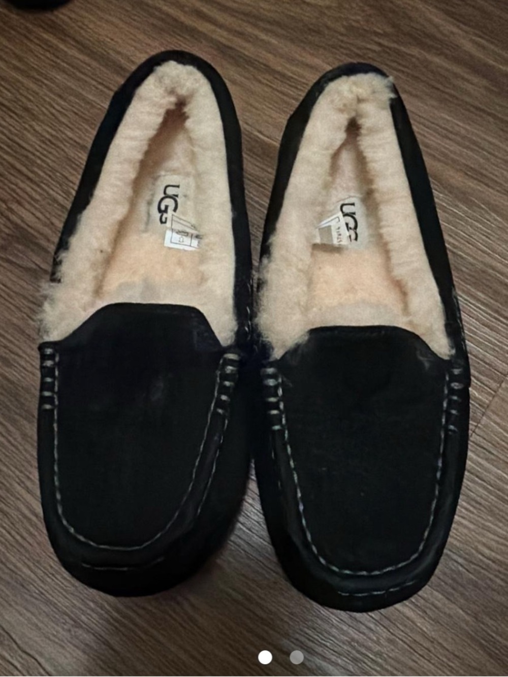UGG Black Suede Moccasin Slippers with Cream Shearling
